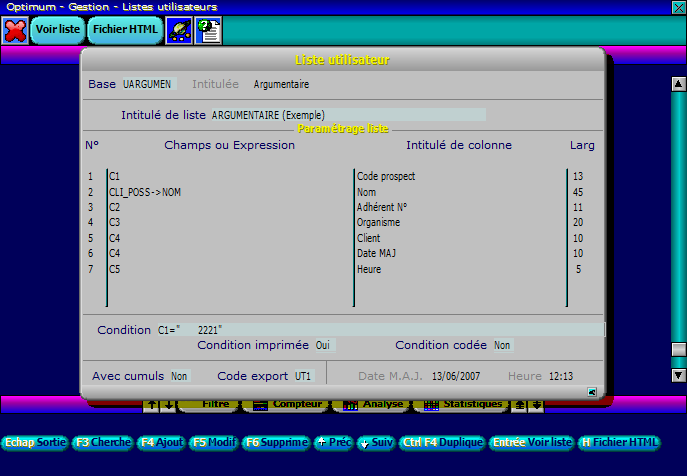 Exemple d'écran du logiciel ICIM Optimum pour Windows